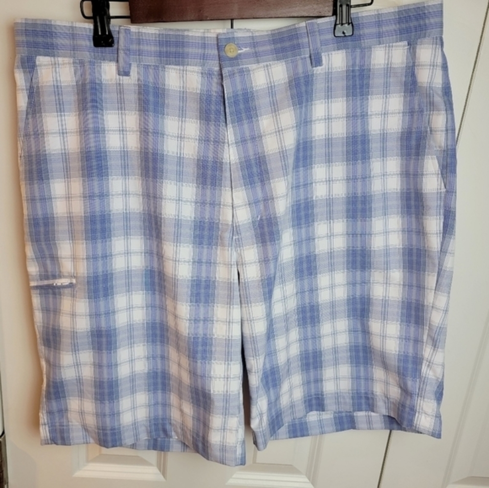 Grand‎ Slam Light Blue Plaid Flat Front Golf Shorts W38